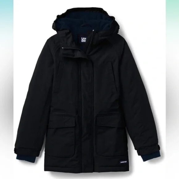 NWT Lands End Boys sz S Black Fleece Lined Insulated Squall Parka Jacket Hooded